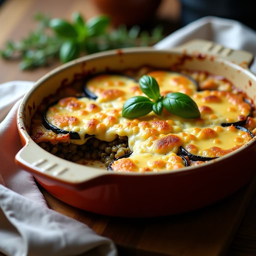 Fuente de horno con gratinado de berenjenas y lentejas francesas cubierto de queso de cabra vegano dorado, decorado con albahaca fresca, receta francesa en Thermomix.
