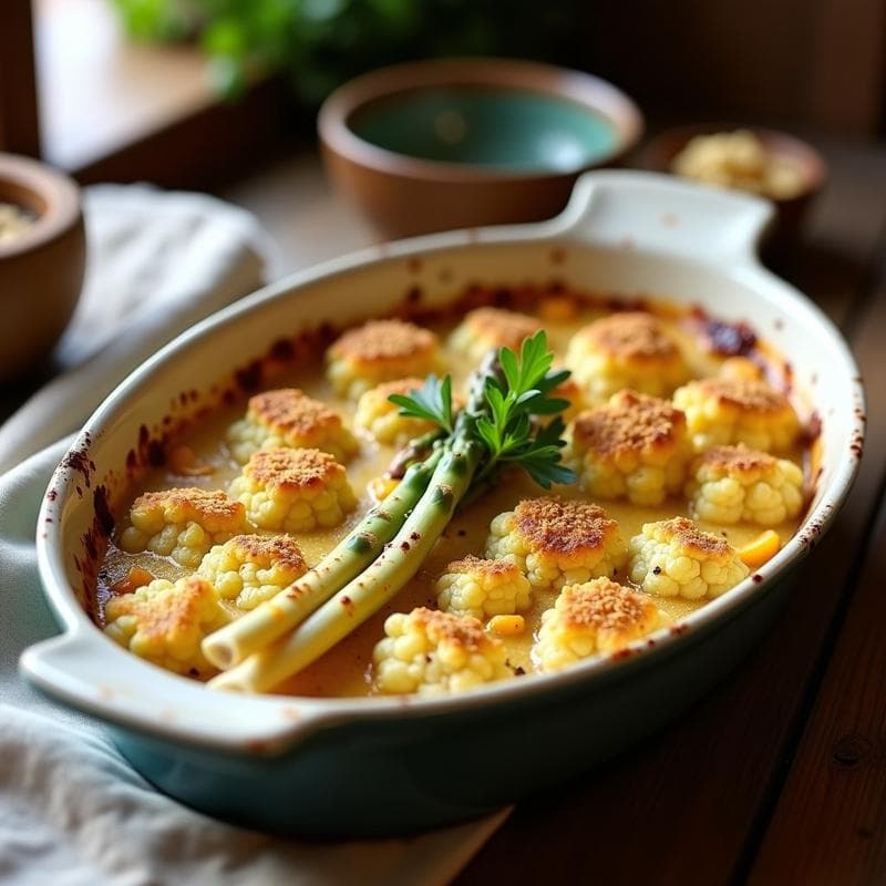 Fuente de gratinado dorado con ramilletes de coliflor y puntas de espárragos verdes cubiertos por una salsa cremosa de queso vegano, topping crujiente de pan rallado y pimentón ahumado, receta Thermomix.