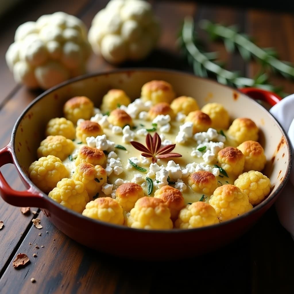 Gratinado de coliflor y queso de cabra keto en olla express: coliflor al dente cubierta con queso de cabra desmenuzado y almendras fileteadas, dorado al horno, servido en molde rústico de barro.