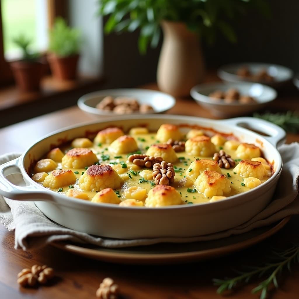 Gratinado de coliflor dorado al horno con queso de cabra fundido y nueces tostadas, servido en molde de barro con hierbas frescas. Receta francesa keto en Thermomix.