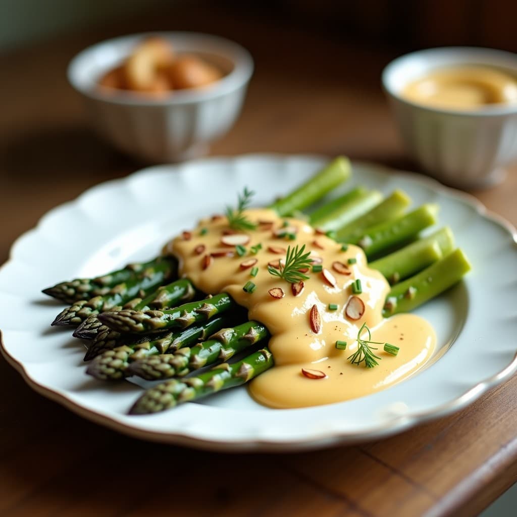Gratinado de espárragos trigueros dorados con salsa cremosa de anacardos y pimentón de la Vera, espolvoreado con almendras tostadas y levadura nutricional, servido en bandeja de horno rústica.