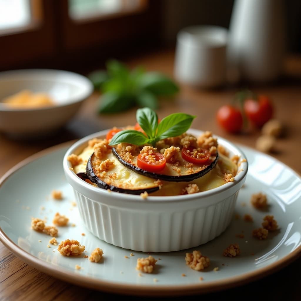Gratinado francés de berenjena y queso de cabra con tomates secos en airfryer, dorado y burbujeante, servido en molde individual con albahaca fresca.