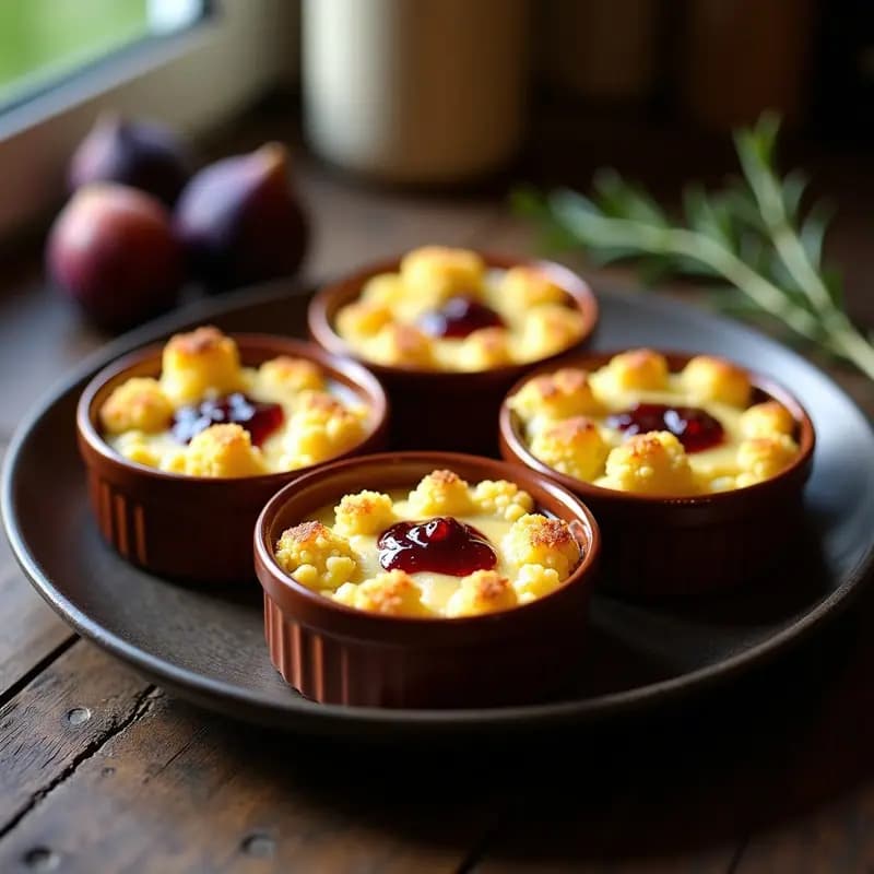 Cuatro gratinados individuales dorados en moldes de barro con coliflor, queso de cabra fundido y un hilo de mermelada de higuera brillante en el centro, servidos sobre una mesa rústica de madera.