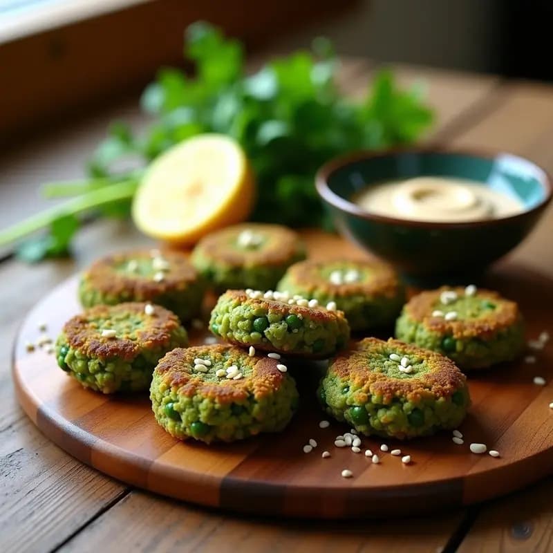 Greens Falafel de espinacas y guisantes dorados y crujientes en cesta de airfryer, con semillas de sésamo visibles, acompañados de hojas de cilantro fresco y rodajas de limón sobre fondo rústico de madera.