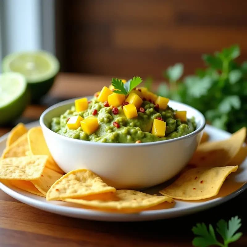 Bol rústico de barro con guacamole cremoso de color verde vibrante, trozos de mango amarillo y espolvoreado de chili en polvo rojo. Acompañado de totopos de maíz y decorado con hojas de cilantro. Receta de guacamole con mango y chili para tupper.