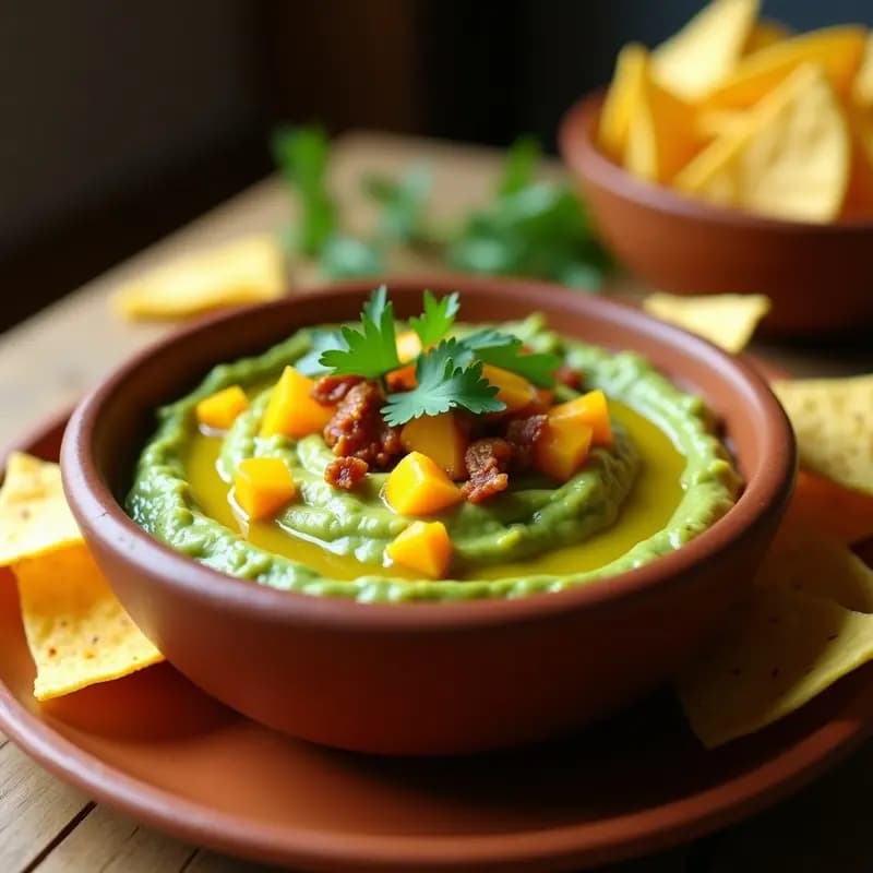 Bowl de barro rústico con guacamole cremoso de aguacate, trozos dorados de mango y chiles chipotle, decorado con cilantro fresco y rodeado de totopos de maíz. Receta de guacamole con mango y chipotle sin lactosa.