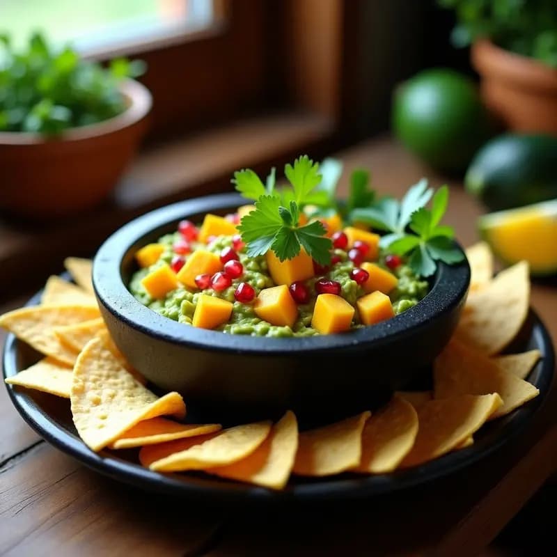 Guacamole cremoso con trozos de mango maduro y jalapeño verde picado, decorado con semillas de granada y cilantro fresco, servido en un molcajete de piedra con totopos al lado.