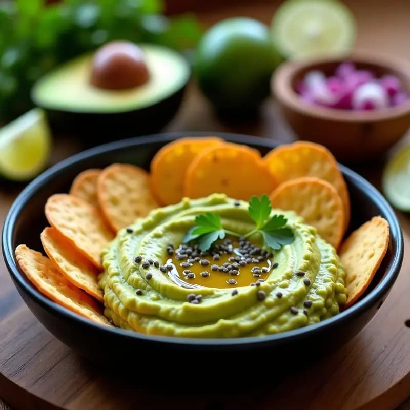 Plato de cerámica negra con guacamole mexicano cremoso, decorado con semillas de chía y aceite de oliva, acompañado de totopos de maíz azul crujientes y dorados, sobre una mesa rústica de madera con limas y cilantro fresco al fondo.