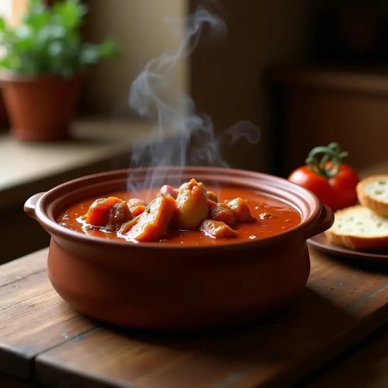 Olla de barro humeante con guiso de conejo con tomate y romesco, carne tierna bañada en salsa espesa de color rojizo, acompañada de rebanadas de pan rústico sobre fondo de madera rústica.