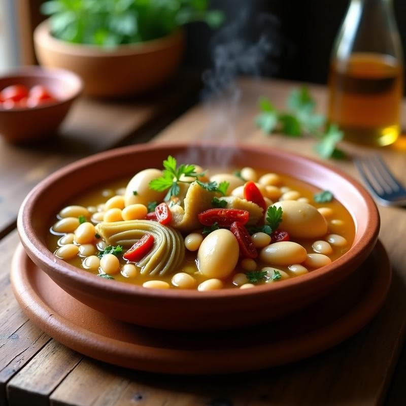 Plato hondo de barro con guiso de frijoles blancos cremosos, alcachofas tiernas y tomates secos en trozos, decorado con perejil fresco y un hilo de aceite de oliva. Receta mediterránea en olla express.