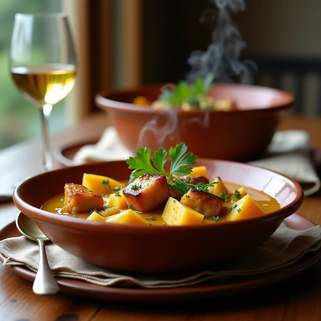 Guiso español vegano de seitan y alcachofas en olla lenta, con trozos dorados de seitan, alcachofas tiernas y un caldo dorado por el azafrán, decorado con almendras fileteadas y servido en un plato hondo de barro.