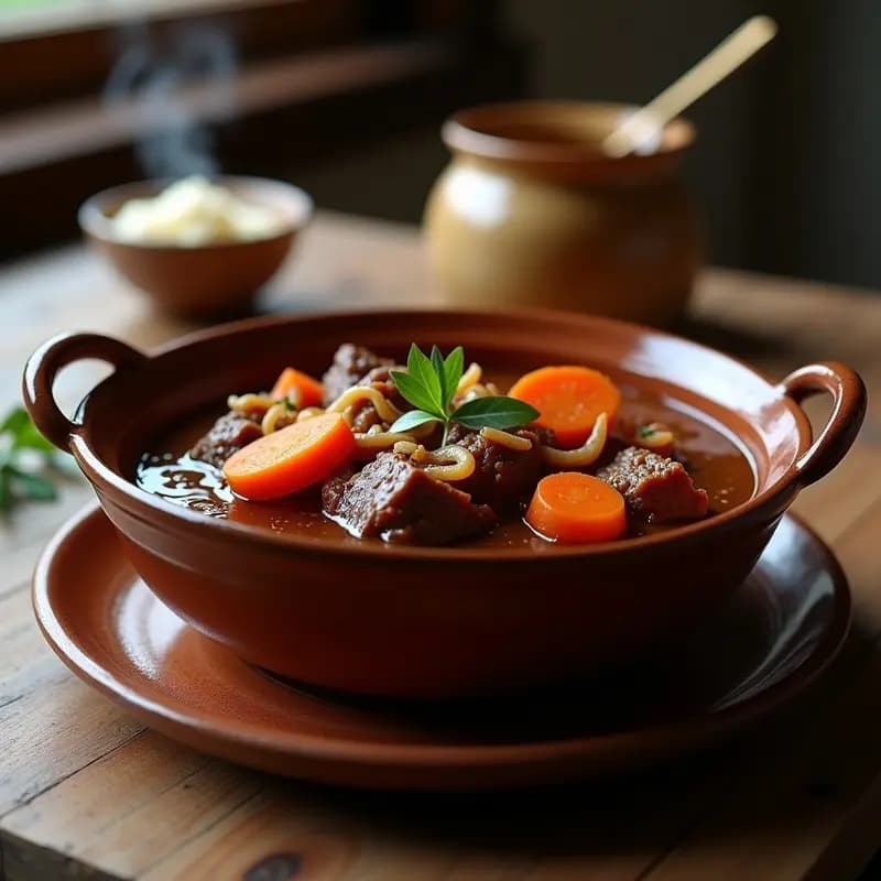 Plato hondo de barro con gulas de ternera al roble, carne desmenuzada en salsa espesa y oscura, acompañadas de rodajas de zanahoria y cebolla. Fondo rústico con virutas de roble y hoja de laurel como decoración.