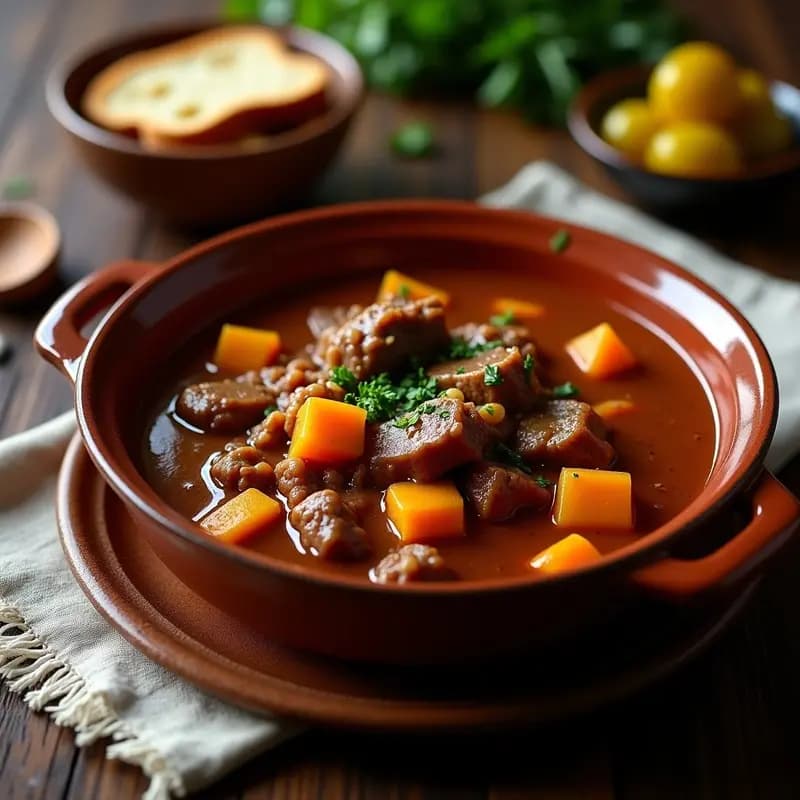 Olla lenta de barro con gulash húngaro de res con ñame, trozos de carne tierna bañados en salsa espesa de color rojo oscuro, cubos de ñame morado y zanahoria, decorado con perejil fresco, sobre mesa de madera rústica con pan de centeno al lado.