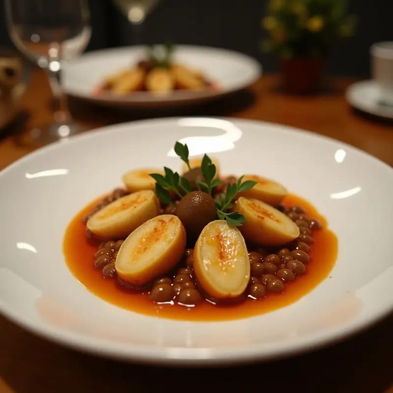 Cazuela de barro humeante con gurullos con conejo y caracoles, plato tradicional canario de Semana Santa, servido con perejil fresco y pan rústico al lado.