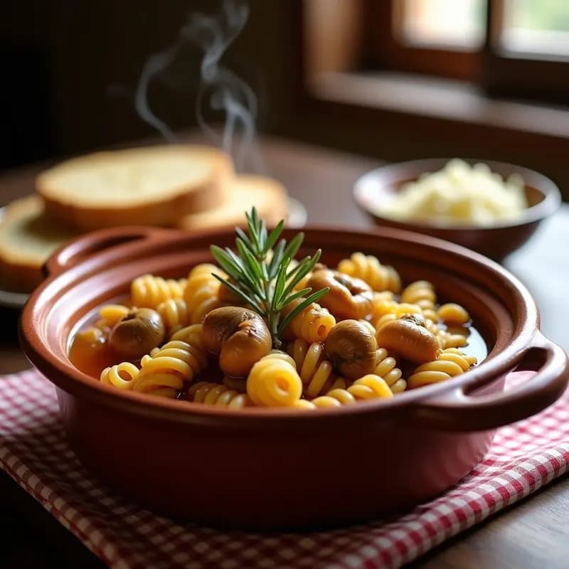 Cazuela de barro humeante con gurullos, trozos de conejo y caracoles, bañados en un caldo espeso y dorado. Acompañado de hierbas frescas y pan rústico, típico plato murciano de la huerta.