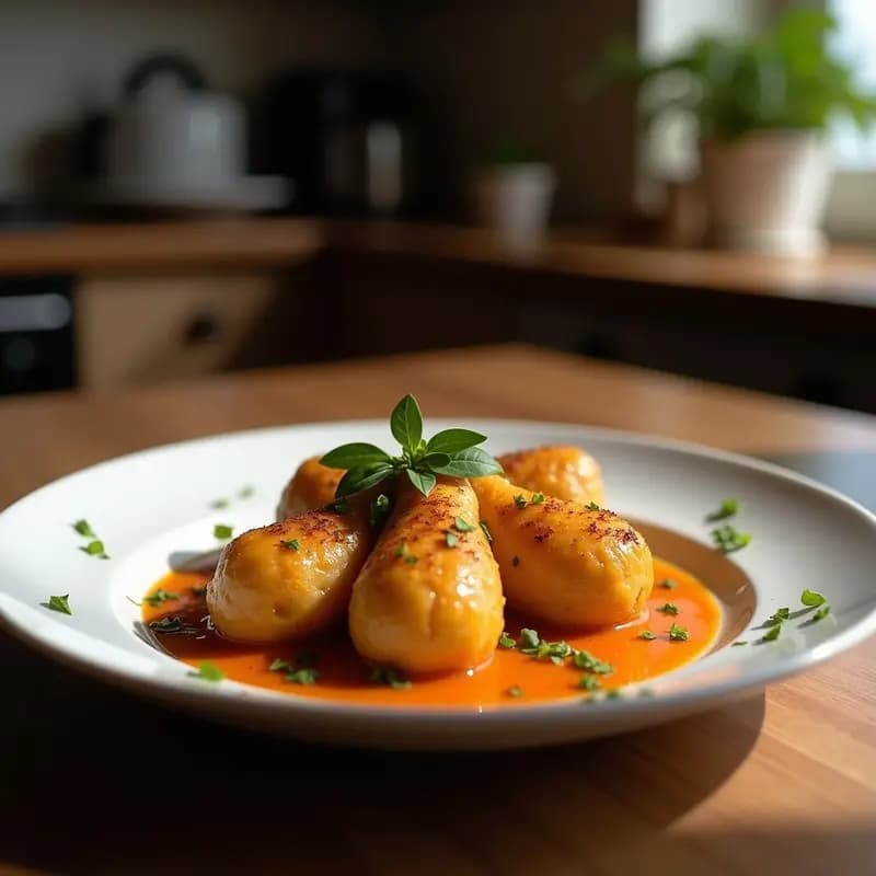 Cazuela de barro humeante con gurullos, trozos de conejo dorado y habas tiernas, decorada con hierbas frescas. Plato tradicional manchego de Semana Santa.