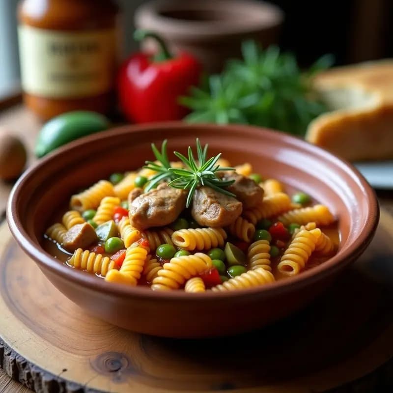 Plato hondo de barro con gurullos con conejo en olla lenta, pasta murciana tradicional con trozos de carne de monte, guisantes y caldo espeso, decorado con una rama de romero fresco.