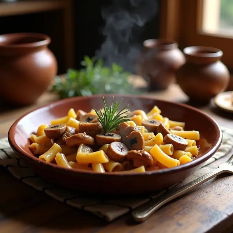 Plato hondo de barro con gurullos con conejo y setas, guiso tradicional extremeño espeso y aromático, decorado con romero fresco.
