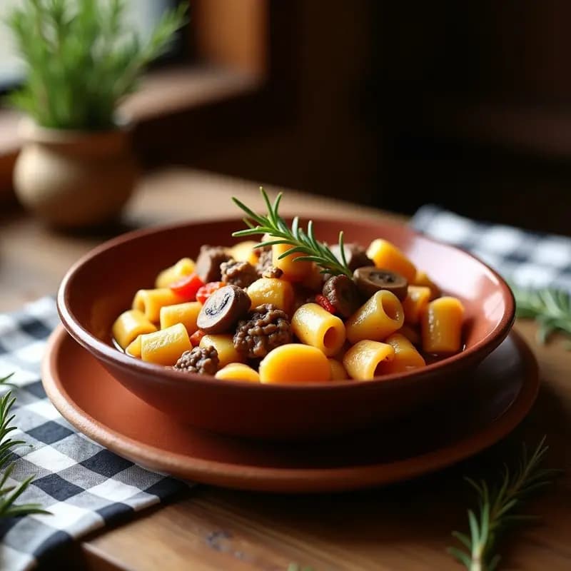 Plato hondo de barro con gurullos con conejo y setas, guiso manchego tradicional en olla exprés, con trozos de carne dorada, setas y caldo espeso, decorado con romero fresco.