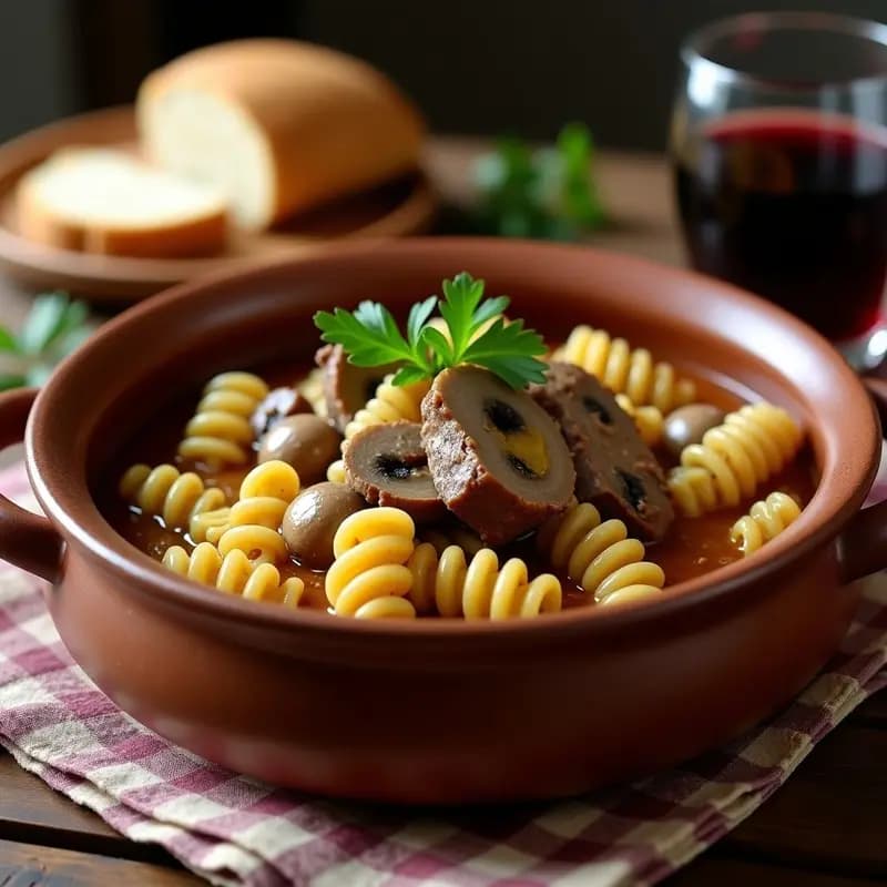 Cazuela de barro humeante con gurullos caseros, trozos de costilla de cerdo jugosa y setas doradas en un caldo espeso y aromático. Plato típico manchego de otoño.