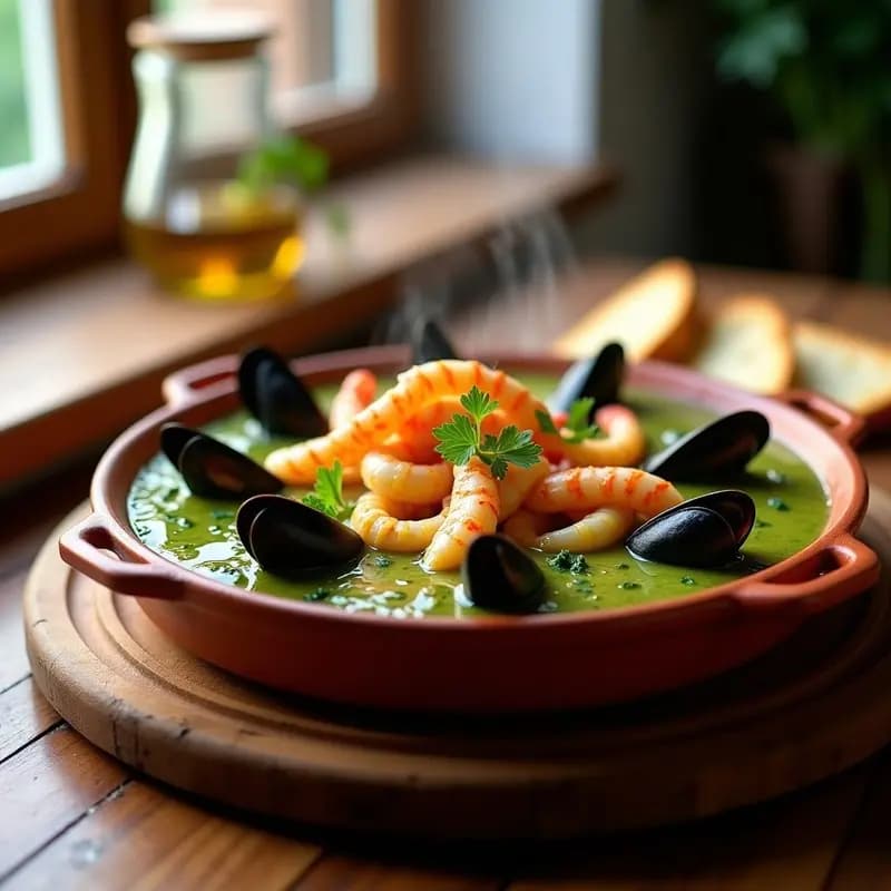 Plato hondo de barro con gustillo de mariscos en salsa verde, mostrando mejillones abiertos, gambas rosadas y anillos de calamares bañados en una salsa espesa de color verde claro con perejil fresco, típico de la cocina costera española.