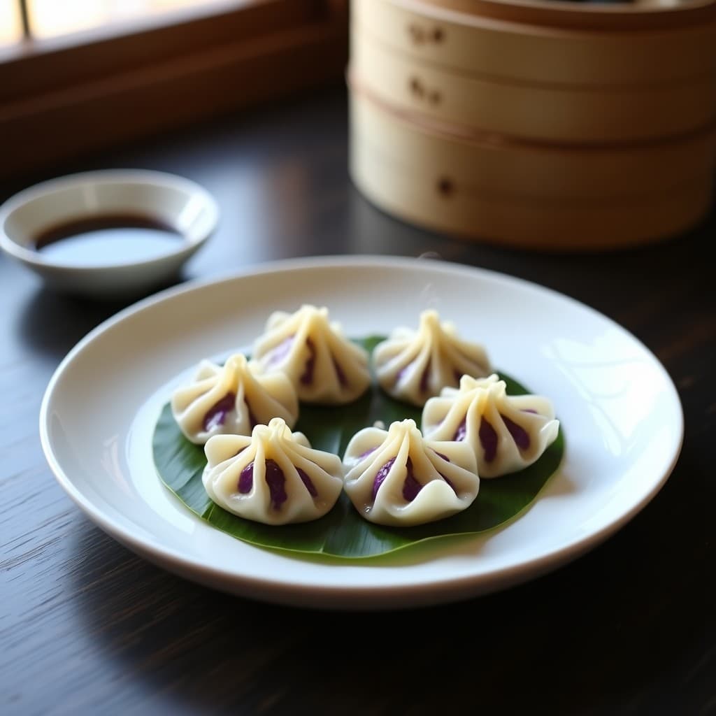 Plato blanco con gyoza de batata morada y queso de anacardo al vapor, dispuestos en círculo sobre una hoja de plátano, con salsa de soja y vinagre de arroz al lado.