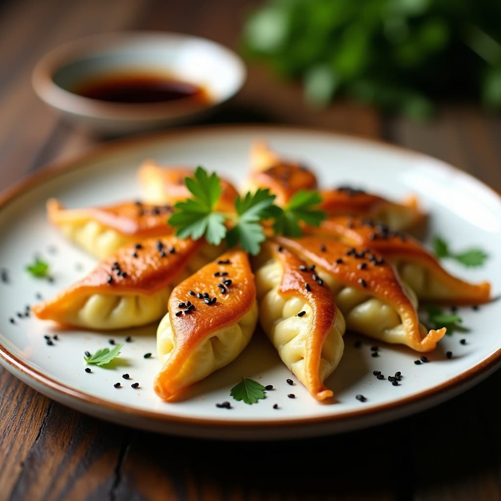 Plato blanco con gyoza dorados y crujientes de calabacín y queso halloumi, servidos con semillas de sésamo negro y cilantro fresco, receta japonesa crispy en sartén.