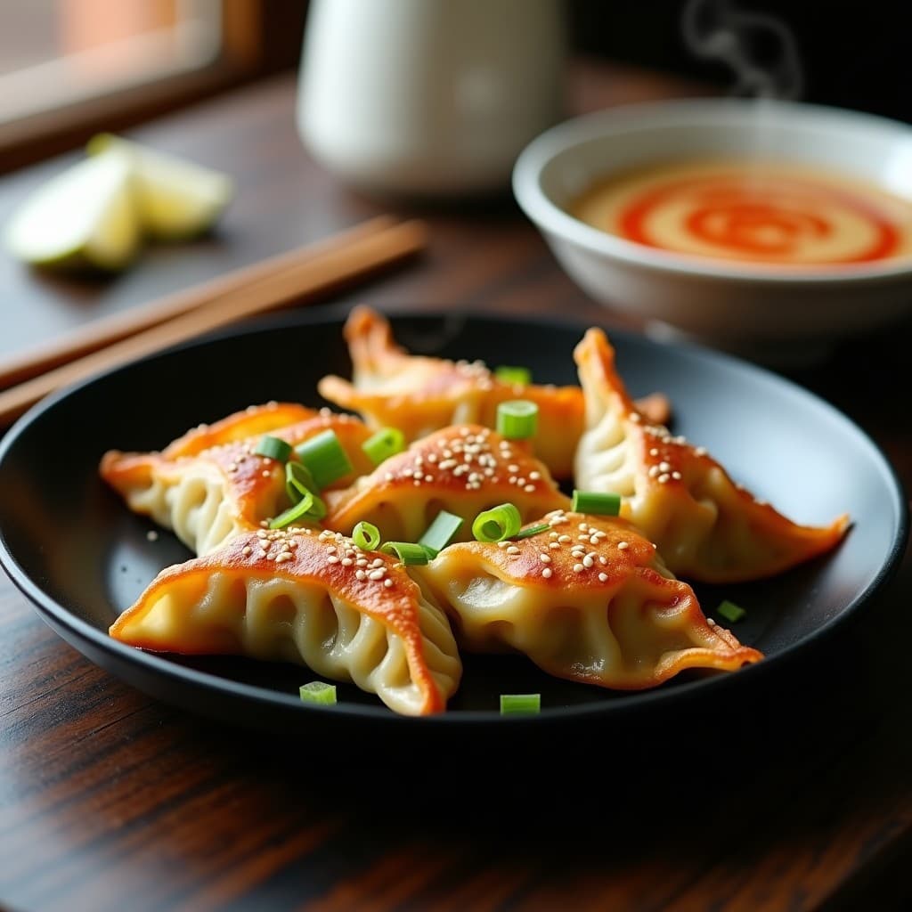 Gyoza veganas al estilo chino doradas y crujientes, rellenas de calabacín y zanahoria, servidas en un plato de cerámica negra con salsa de cacahuete picante y semillas de sésamo espolvoreadas.