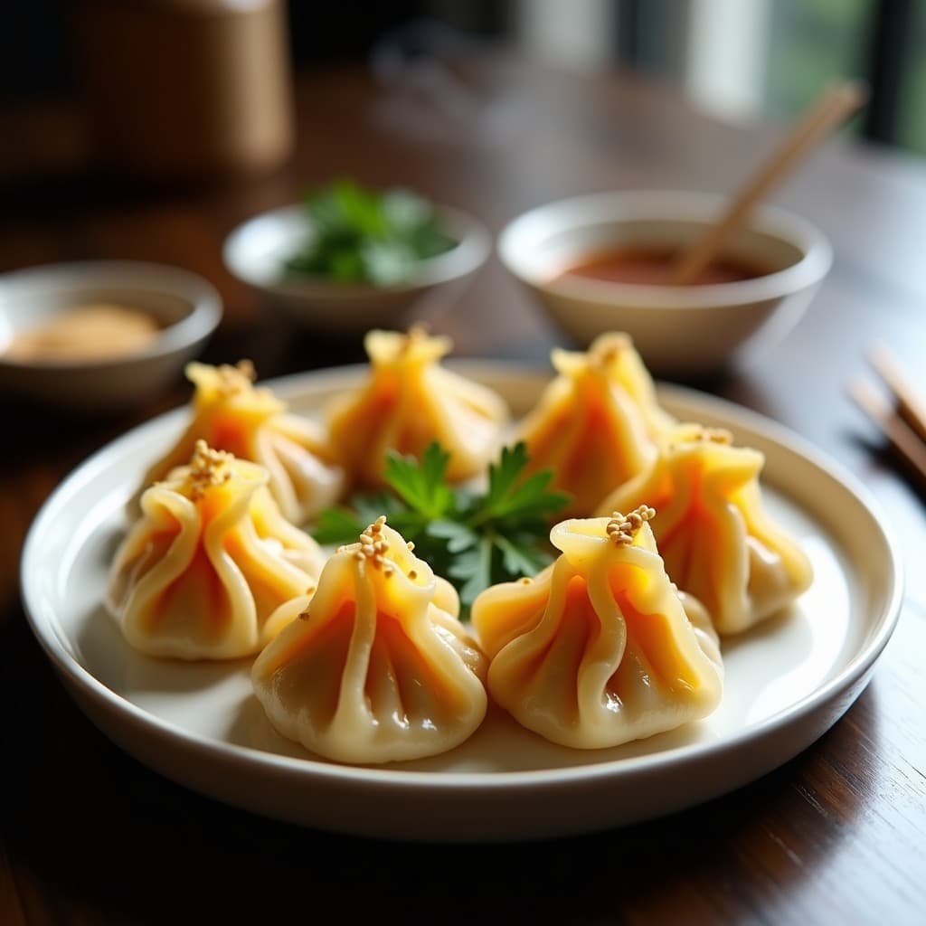 Plato de gyoza japoneses al vapor con relleno de calabaza kabocha y jengibre, servidos en vaporera de bambú sobre mesa de madera. Acompañados de salsa de sésamo y miel en bol pequeño, decorados con semillas de sésamo tostadas y hojas de shiso verdes.