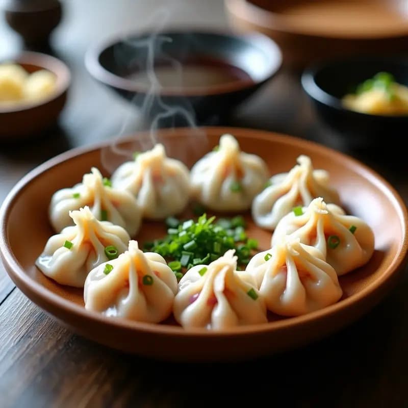 Plato blanco con gyoza japonesa de camarón y cebolla morada al vapor, dispuestas en círculo sobre hoja de nori, acompañadas de una salsa oscura de soja y jengibre en un bol pequeño. Decoración con cilantro fresco y rodajas de limón.