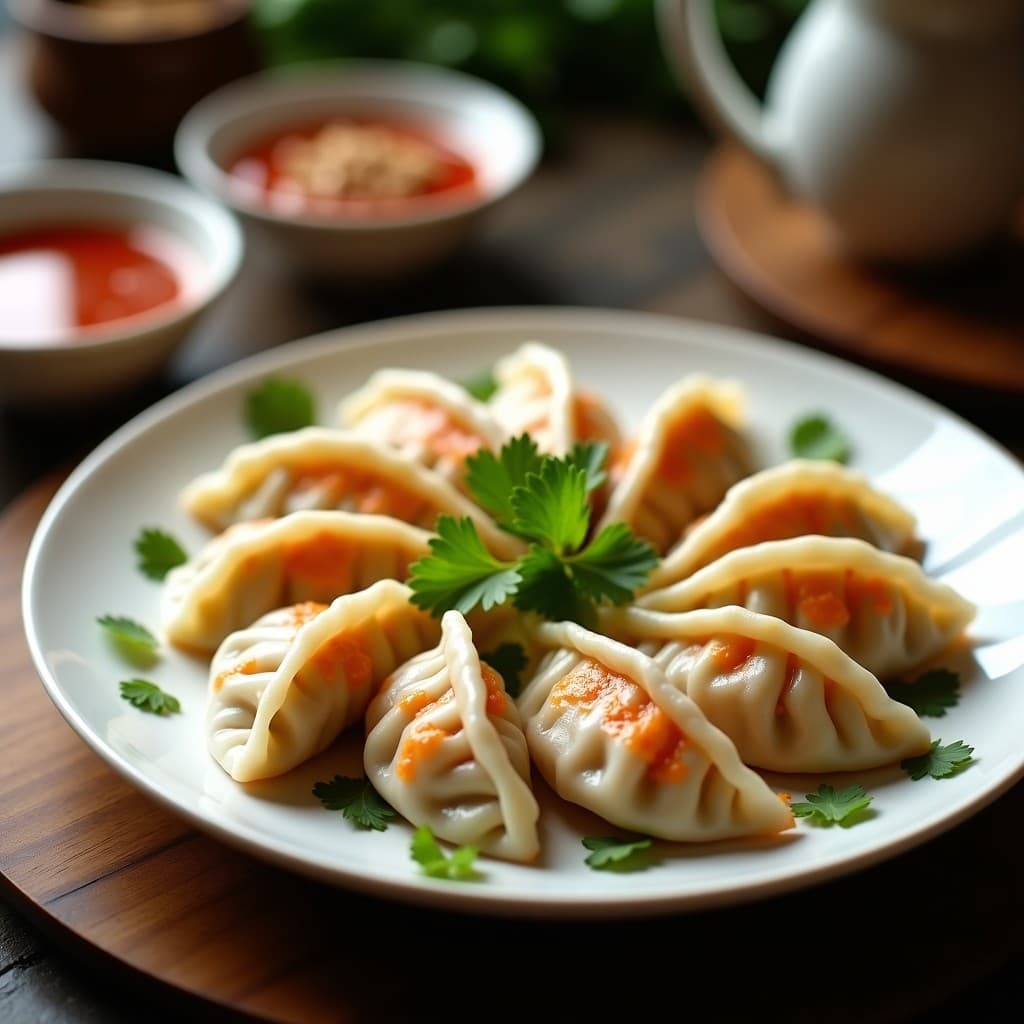 Plato blanco con gyoza de camarón y cilantro al vapor, dispuestos en círculo, brillantes por el aceite de sésamo, acompañados de una salsa picante roja con semillas de sésamo. Receta china en olla express.
