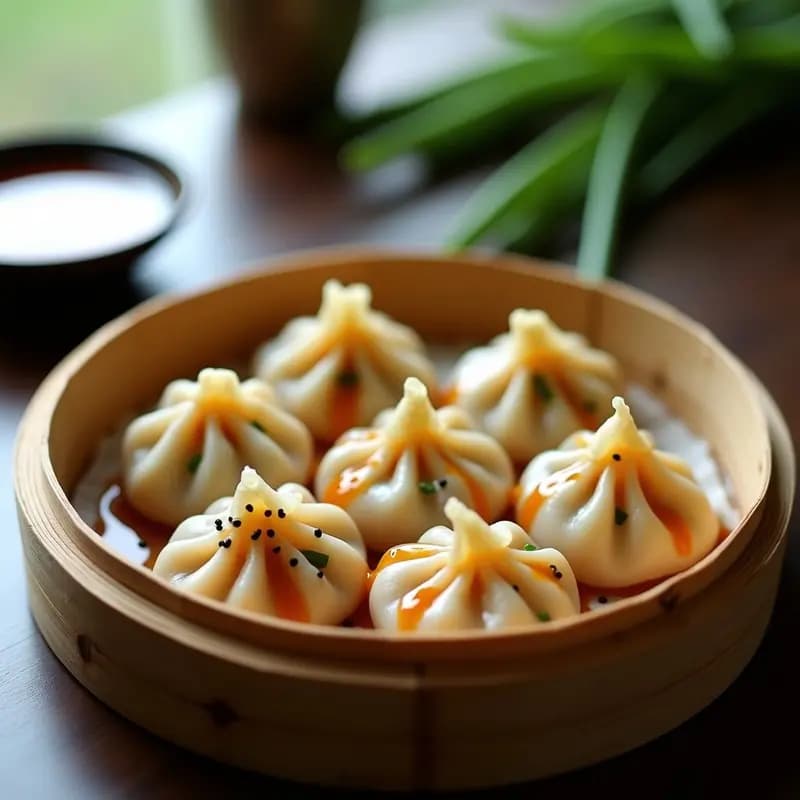 Gyoza de camarones y cebollino al vapor dispuestas en una vaporera de bambú, con salsa de soja dulce brillante y semillas de sésamo negro espolvoreadas, receta japonesa auténtica y saludable.