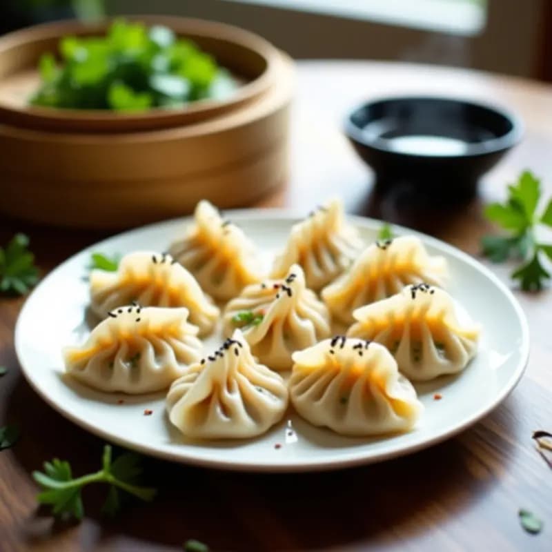 Plato blanco con gyoza de camarones y cilantro al vapor, dispuestas en círculo con pliegues visibles, espolvoreadas con semillas de sésamo negro y acompañadas de salsa de soja oscura en un bol pequeño. Fondo con vapor sutil y hojas de cilantro fresco.