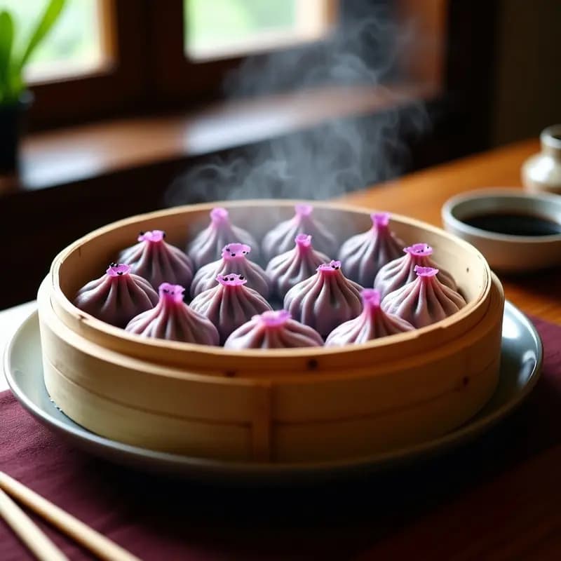 Gyoza de camote morado y espinacas al vapor, con masa translúcida y relleno vibrante, servidos en una vaporera de bambú con semillas de sésamo negro espolvoreadas y salsa de soja al lado.
