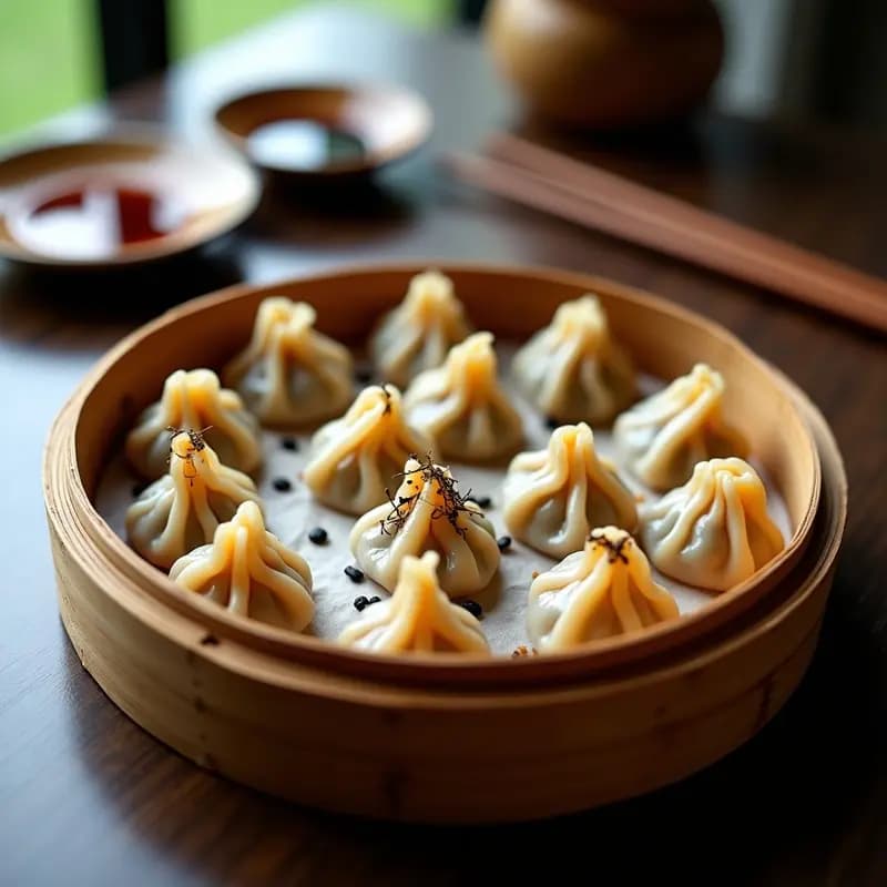 Gyoza de camote morado y shitake al vapor, aperitivo japonés vegano y sin gluten, servidas en vaporera de bambú con semillas de sésamo negro y tiras de alga nori.