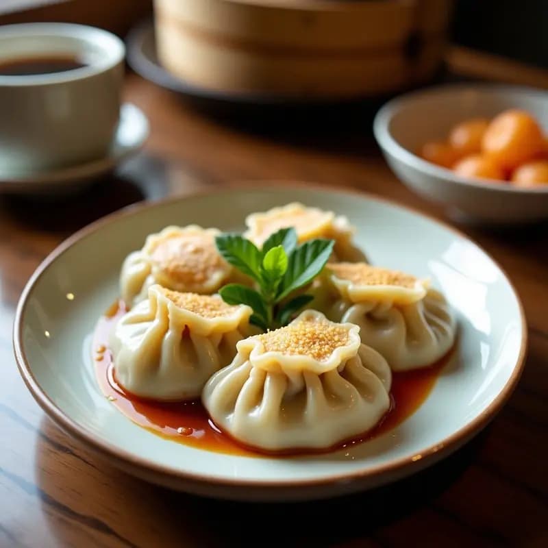 Plato blanco con gyoza japonesas de cerdo y col al vapor dispuestas en círculo, brillantes por el aceite de sésamo, acompañadas de un bol pequeño con salsa picante de color rojo oscuro y semillas de sésamo. Decoradas con cebollino picado y sobre un fondo de madera clara.
