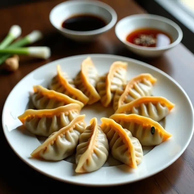 Plato blanco con gyoza japonesas doradas y crujientes por abajo, rellenas de cerdo y col china, dispuestas en círculo sobre papel de horno. Salsa de soja oscura con semillas de sésamo al lado y cebollino picado como decoración.