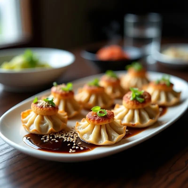 Plato de gyoza japoneses dorados y crujientes por debajo, rellenos de cerdo y repollo, servidos en sartén de hierro con salsa umami oscura y cebolla verde picada como decoración.