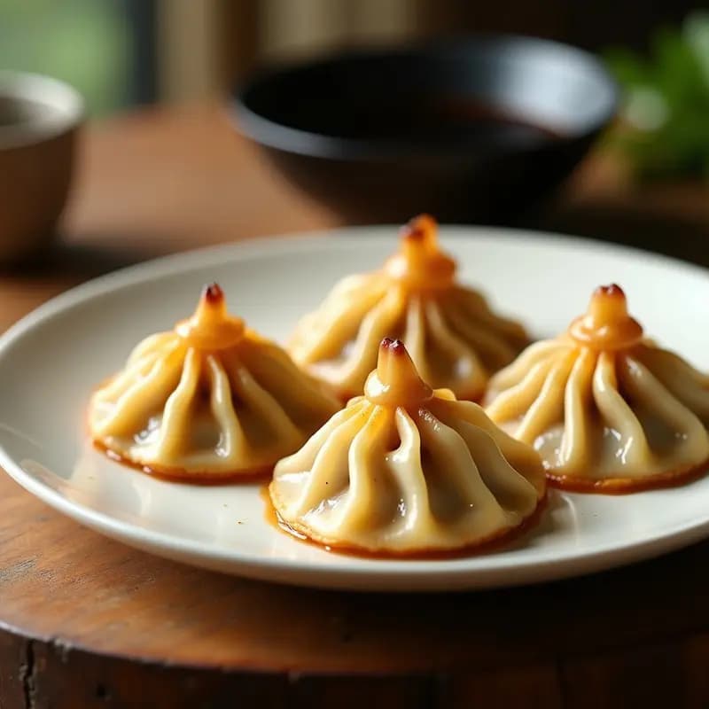 Plato blanco con gyoza japonesas de cerdo y repollo doradas y crujientes por abajo, dispuestas en círculo con la base dorada hacia arriba, acompañadas de una salsa oscura en un cuenco pequeño. Receta tradicional de gyoza en sartén crujiente por debajo.