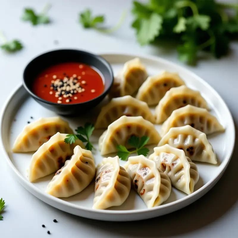 Gyoza de champiñones y cilantro al vapor servidos en una vaporera de bambú, con su base translúcida y pliegues decorativos. Acompañados de una salsa picante oscura en un cuenco pequeño y decorados con semillas de sésamo y hojas de cilantro fresco.