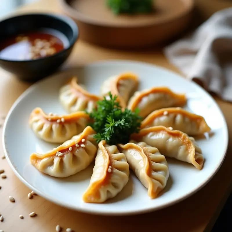 Plato blanco con gyoza de champiñones shitake y jengibre sin gluten dorados por la base, dispuestos en círculo con salsa umami oscura en un recipiente aparte y semillas de sésamo espolvoreadas.