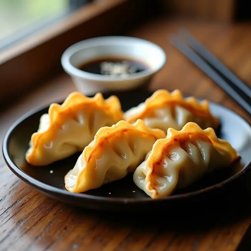 Gyoza de champiñones y repollo doradas y crujientes en airfryer, servidas en plato negro con salsa umami oscura y semillas de sésamo, receta japonesa tradicional.