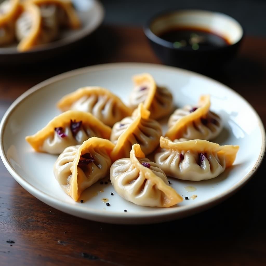 Plato de gyoza japoneses al vapor con relleno de champiñones y repollo morado, dorados ligeramente, servidos en un plato de cerámica blanca con salsa de soja y semillas de sésamo negro, receta en airfryer.