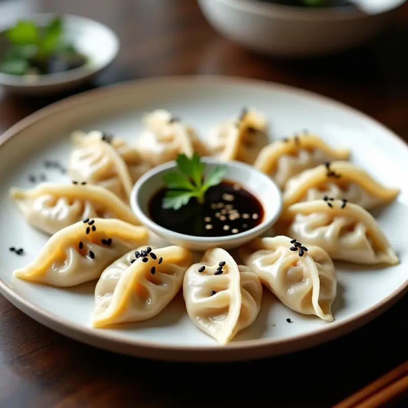 Gyoza japoneses al vapor con relleno de champiñones portobello y repollo napa, dispuestos en un plato de bambú con salsa de soja y semillas de sésamo negro. Receta vegana y ligera.