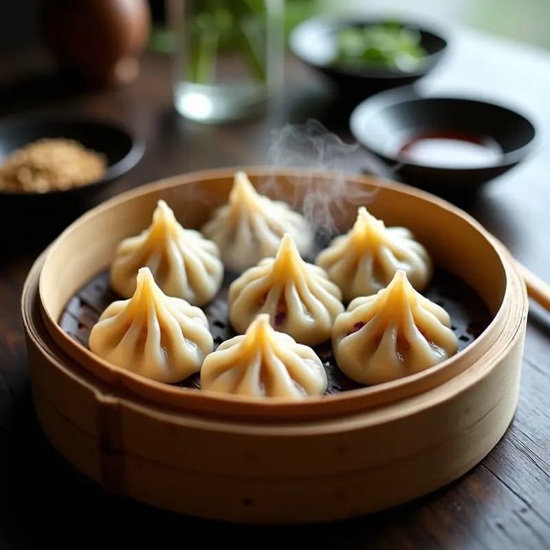 Plato de gyoza al vapor veganos con relleno de champiñones shiitake y repollo morado, dispuestos en vaporera de bambú sobre fondo de madera oscura, acompañados de salsa de soja y semillas de sésamo.