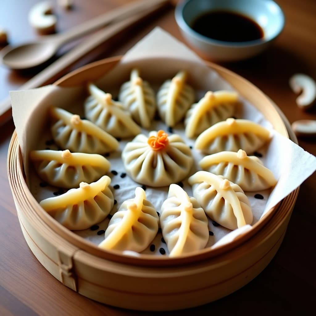 Plato de bambú con gyoza veganos al vapor de champiñones shitake y cebolla caramelizada, dispuestos en círculo sobre papel de horno. Los gyoza tienen pliegues perfectos y un brillo dorado, espolvoreados con semillas de sésamo negro. Al fondo, un bol pequeño con salsa de soja y mirin, y una cuchara de madera. Receta japonesa vegana al vapor.
