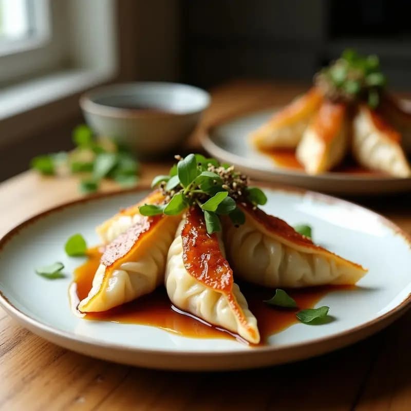 Plato de gyoza dorados y crujientes rellenos de champiñones shitake y repollo morado, servidos en una bandeja de bambú con salsa de tamari y semillas de sésamo negro, receta japonesa en airfryer sin fritura.