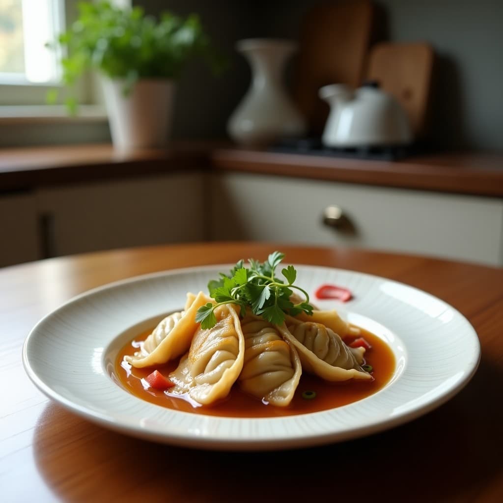 Gyoza japoneses de champiñones shitake y tofu al vapor, con masa sin gluten dorada y brillante, servidos en plato de bambú con salsa de tamari y semillas de sésamo negro, receta Thermomix.