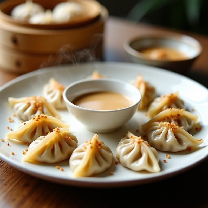 Plato blanco con gyoza vegano al vapor de champiñones shitake y tofu, dispuestos en círculo con un bol pequeño de salsa de sésamo cremosa en el centro. Semillas de sésamo tostadas espolvoreadas por encima y fondo de vaporera de bambú.