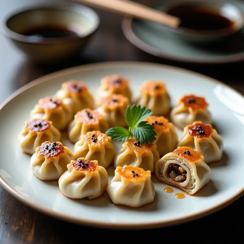 Plato blanco con gyoza vegana de champiñones y tofu doradas por la base, dispuestas en círculo. Se aprecian las semillas de sésamo negro en la parte superior y el relleno jugoso al cortar una. Fondo de madera oscura con salsa de soja y palillos japoneses.